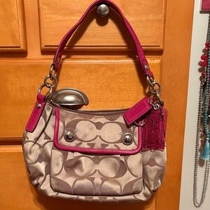Coach Fuchsia and Beige Signature Shoulder Bag